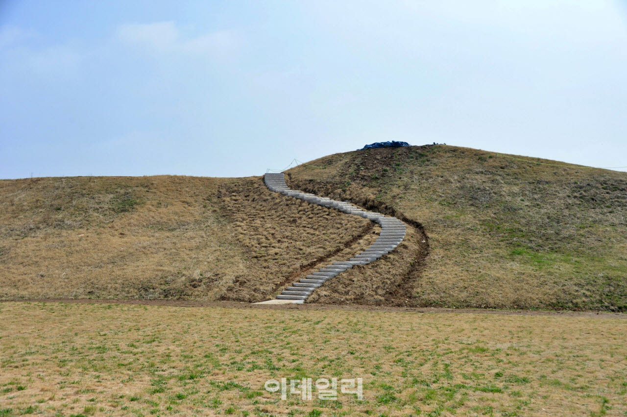 연천 호로고루 동쪽 성벽으로 올라가는 돌계단. 높게 솟아오른 토축 성벽은 과거 삼국의 치열했던 요새이자 현재는 관람객들의 조망 명소로 활용되고 있다.(사진=이데일리 강경록 여행전문기자)