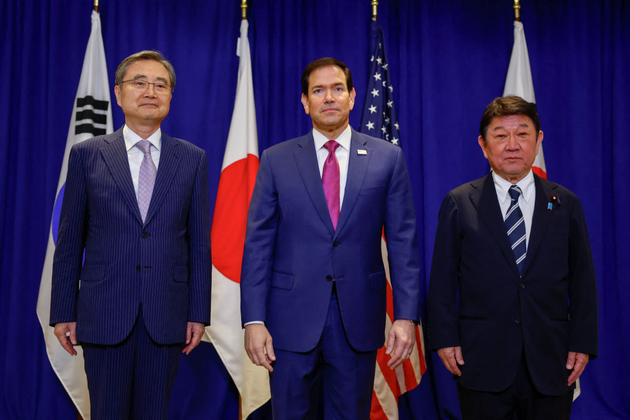왼쪽부터 조현 외교부 장관, 마코 루비오 미국 국무장관, 모테기 도시미쓰 일본 외무상. (사진=로이터)