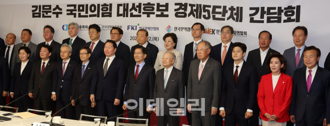 기념촬영하는 김문수 국민의힘 대선후보-경제5단체                                                                                                                                                   
