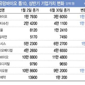 팜이데일리 유망바이오 톱10 상반기 주가 상승률, ‘헬스케어지수 2배’