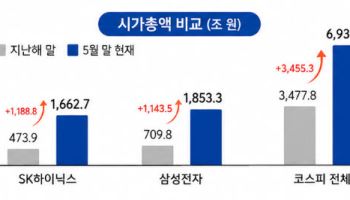 삼전·하닉 시총, 코스피 절반 삼켰다…하닉, 삼전 턱밑 추격