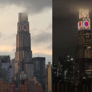 뉴욕 423m 빌딩에 '초대형 태극기'…SK하닉 나스닥 입성 '환영'